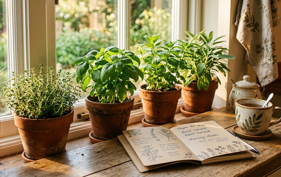 A bright window with potted herbs catching the early morning sun