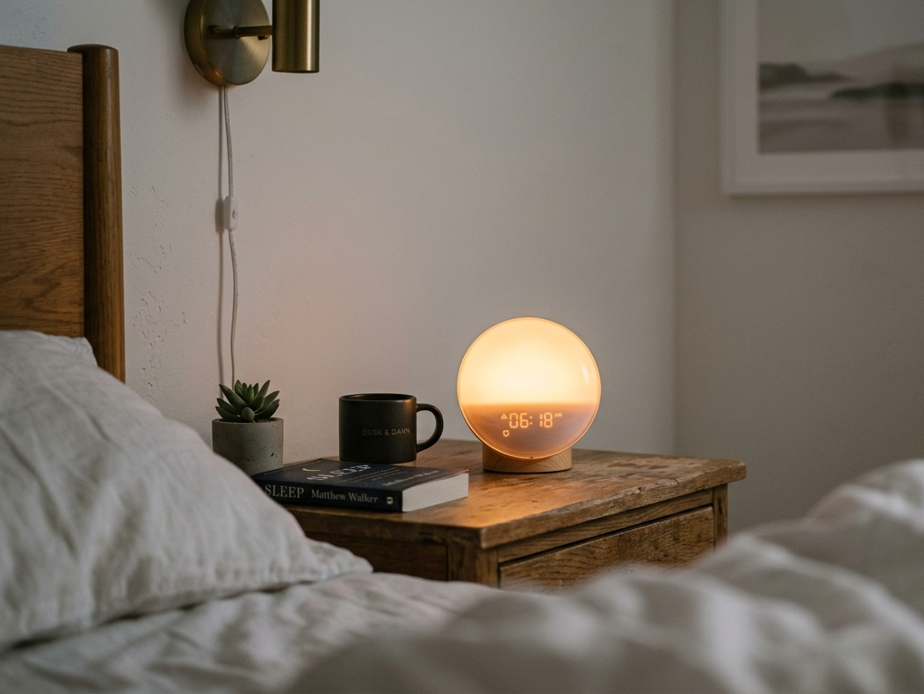 A small sunrise lamp glowing softly on a wooden nightstand at dawn