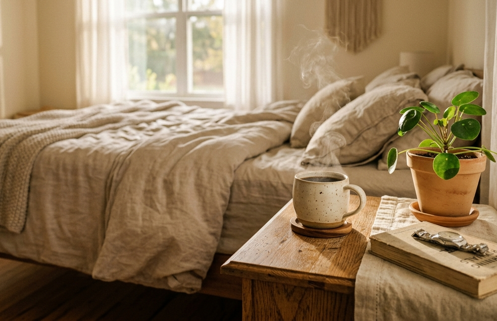 Soft morning light entering a calm bedroom with linen curtains